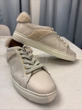 M. Gemi Women's Cream Leather Sneakers with Shearling Trim